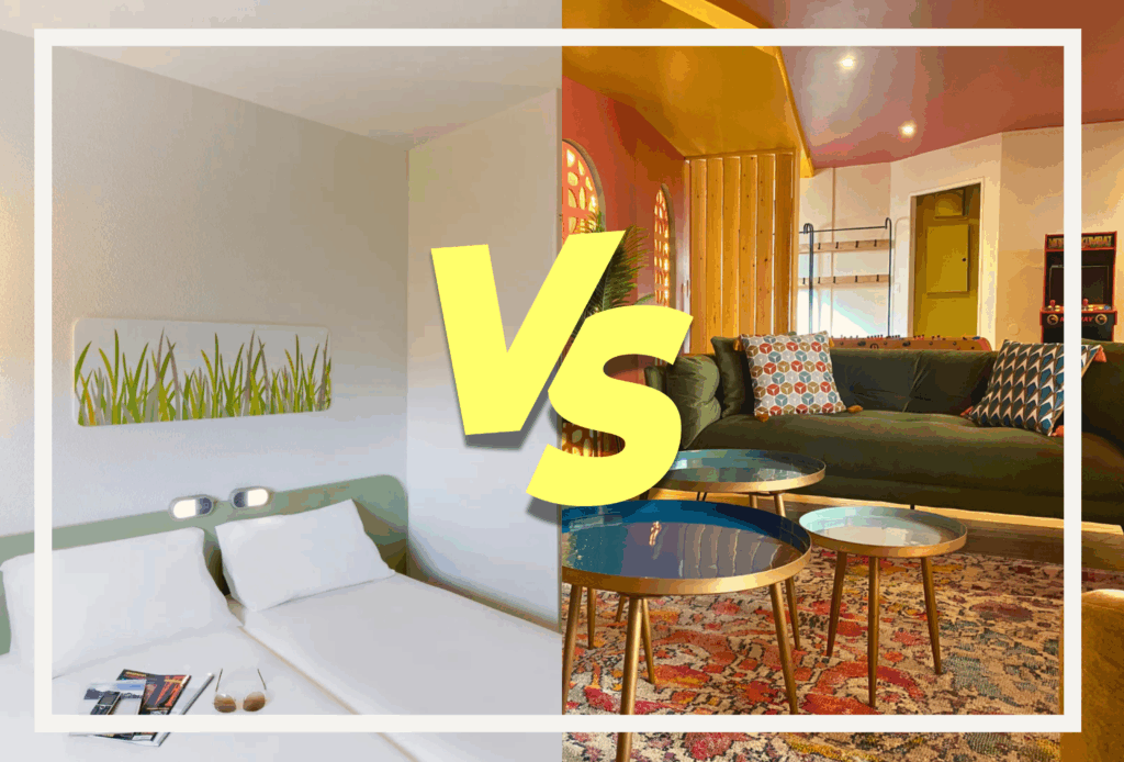 Comparaison "vs" entre hôtel et location meublée. Vision d'une chambre d'hôtel à gauche avec salon d'une location meublée à droite avec au centre un "VS"