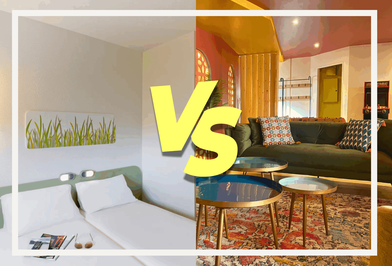 Comparaison "vs" entre hôtel et location meublée. Vision d'une chambre d'hôtel à gauche avec salon d'une location meublée à droite avec au centre un "VS"