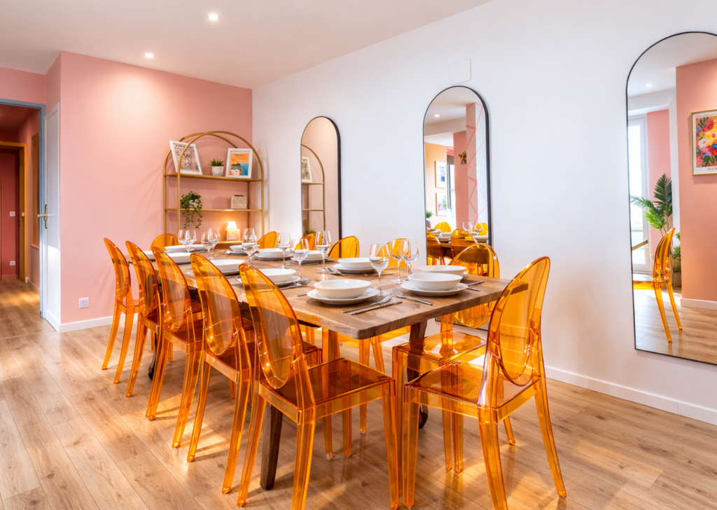 Grande table dressée dans la salle à manger de la Casa Hacienda, maison pour équipes en mission à Saint-Omer